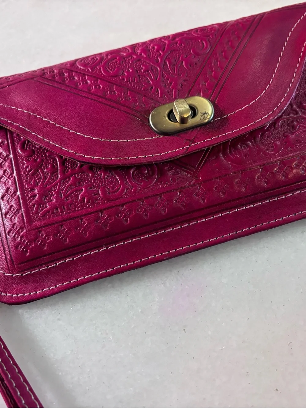 Authentic Moroccan Hand-Tooled Leather Clutch Wallet | Magenta Wristlet